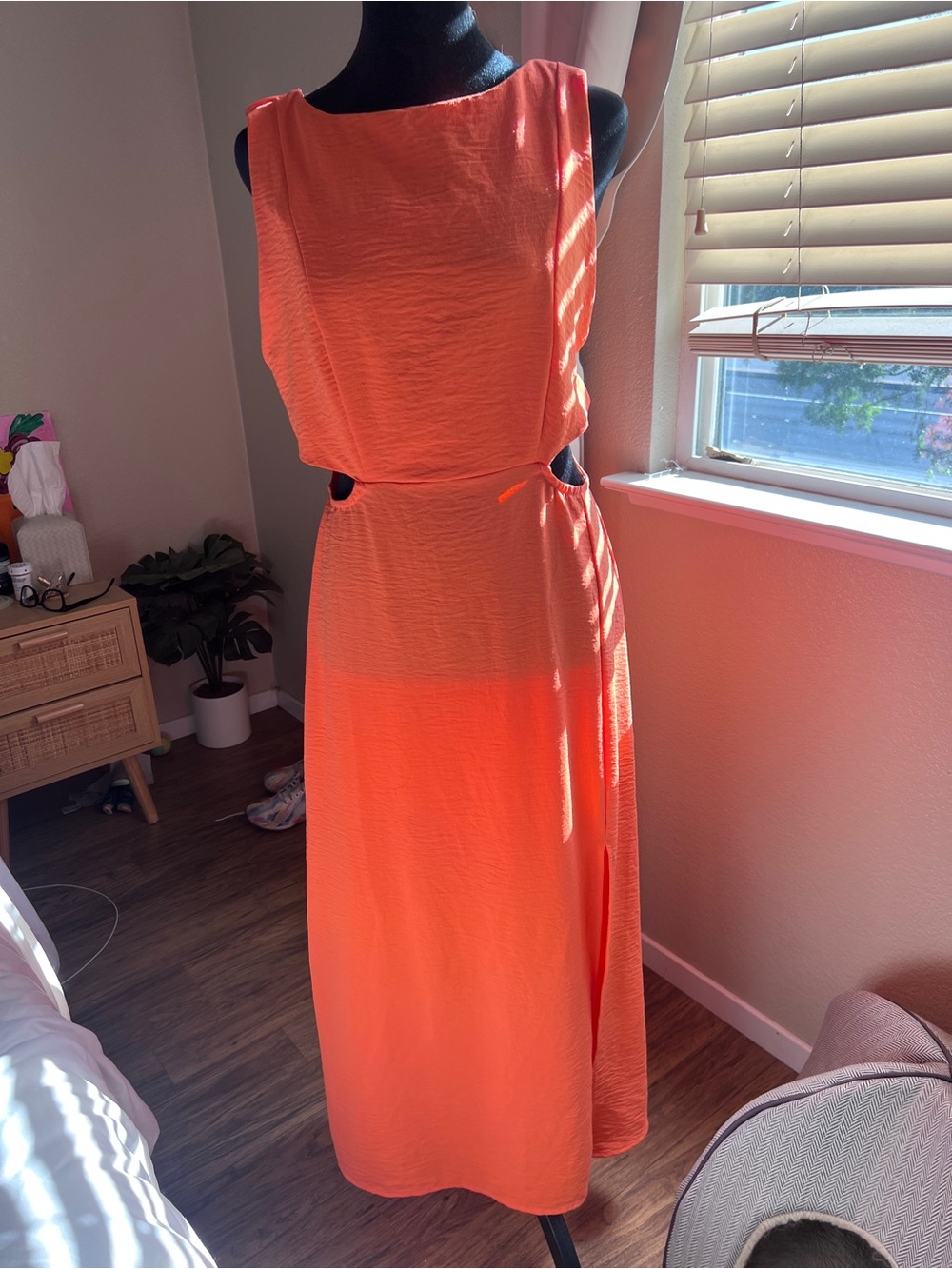 Sleeveless Midi Dress with Side Cutouts in Coral